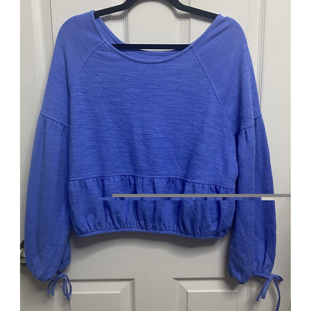Aerie Endless Summer Women Cropped Peasant Top Blue Peplum Boho Beach M